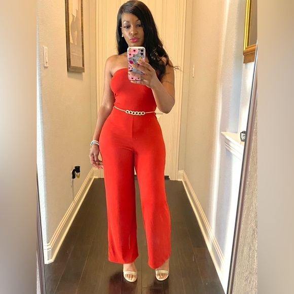 Pants - Tube Top Red Jumpsuit, Women’s Bandeau Jumpsuit, full length wide leg pants NWT